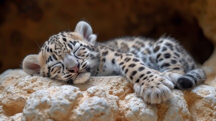  A snow leopard cub rests on snow-covered rocks with eyes closed, head on paws