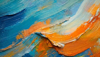 Closeup of abstract rough colorful blue orange complementary colors art painting texture background wallpaper, with oil or acrylic brushstroke waves, pallet knife paint on canvas