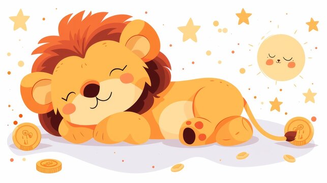  A cartoon lion lounges on the ground, eyes closed, beside a sun and stars