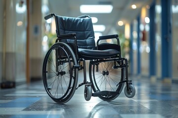 Obraz premium A vacant wheelchair positioned in the brightly lit, sanitized hallway of a medical facility