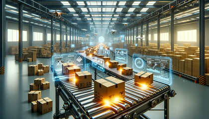 Conveyor belt carrying cardboard boxes in the futuristic warehouse.