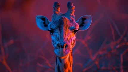 A high-resolution image of a giraffe's close-up head, illuminated by red and blue lights on its head