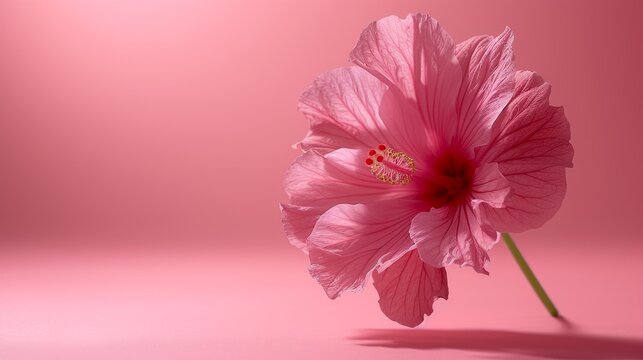  A pink flower on a pink background, featuring a central red spot