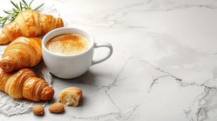 A cup of coffee and croissants on a doily, garnished with a sprig of rosemary - obrazy, fototapety, plakaty