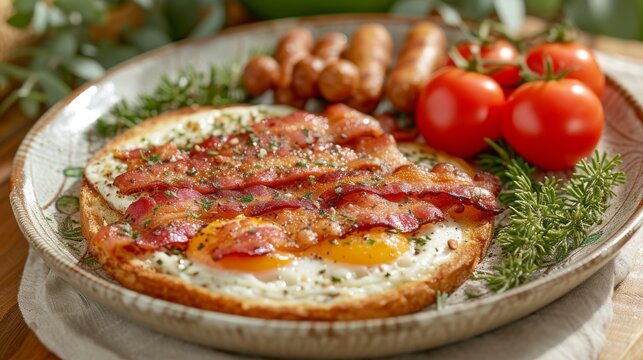  A macro shot of a platter containing eggs, bacon, tomatoes, and spuds on top of a wood table