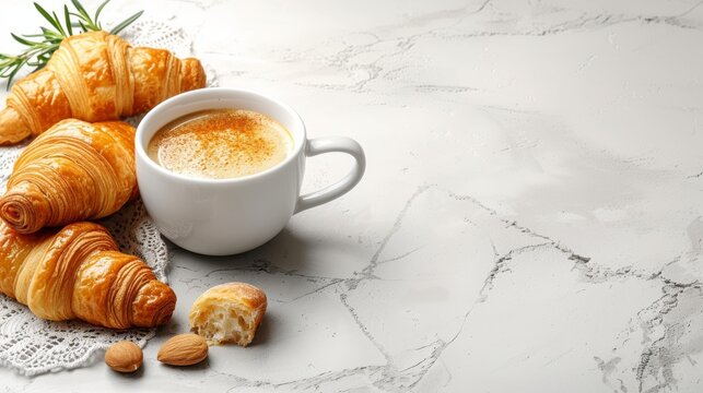 A cup of coffee and croissants on a doily, garnished with a sprig of rosemary