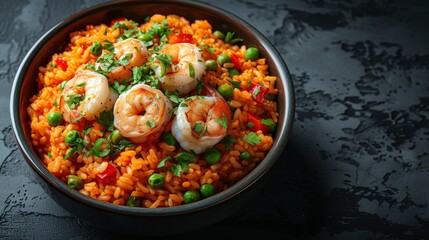  A bowl of shrimp, rice, and peas on a black background