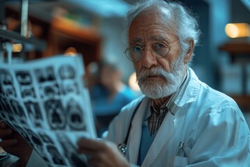 An elderly male doctor in a white lab coat seriously examines medical scans, presumably X-rays, with a focused expression - obrazy, fototapety, plakaty