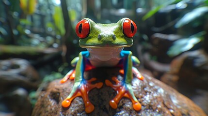 A frog with glowing red eyes perched atop a rock, surrounded by verdant foliage and a serene pond - obrazy, fototapety, plakaty
