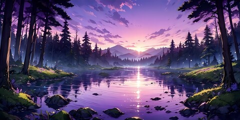 Lake landscape, purple background, anime wallpaper