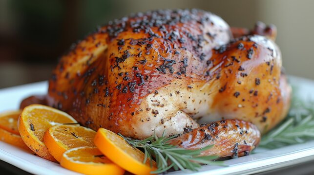  A clear picture of a turkey with an orange slice and rosemary on the side