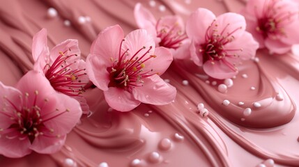 Fototapeta na wymiar A cluster of pink blooms resting atop a pool of liquid, with droplets of water sprinkled upon it