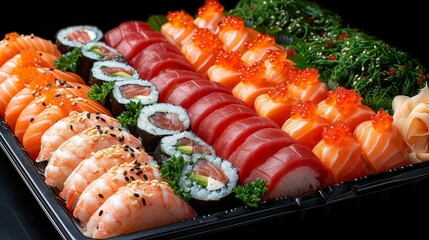  A macro shot of multiple sushi rolls on a platter