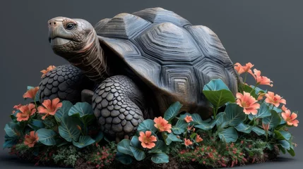 Foto op Canvas  A close-up of a turtle statue on a planter surrounded by flowers and plants © Jevjenijs