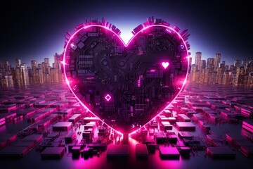Cybernetic fusion of human heart in vibrant tech world creating digital masterpiece