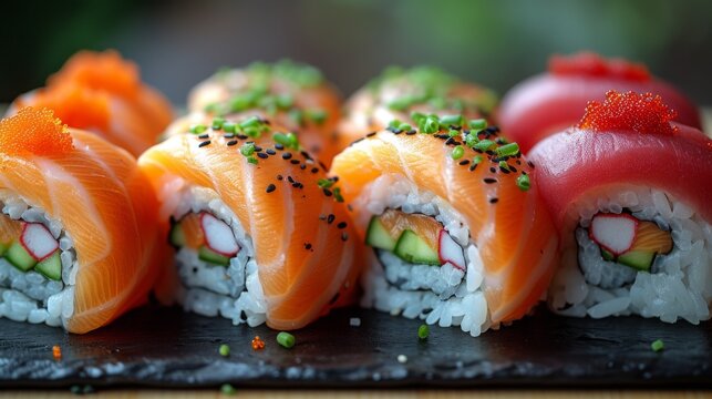  A macro image shows a sushi dish with sauce & garnish on top