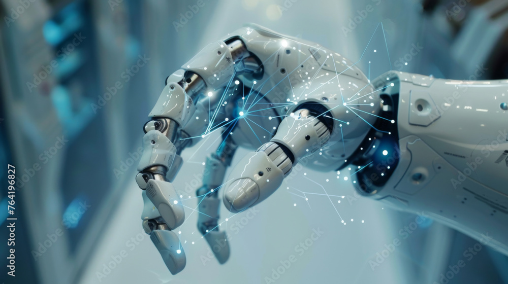 Poster an advanced robotic arm with glowing blue connections in a high-tech laboratory environment demonstr