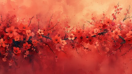  A painting of a red branch with red flowers against an orange-red background, set against a red sky - obrazy, fototapety, plakaty
