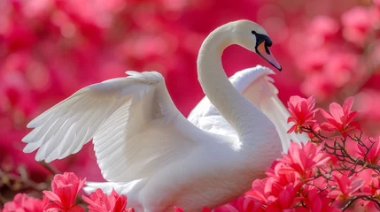 Foto op Plexiglas  A pair of snowy herons perched beside a sea of red blossoms under the bright sun © Jevjenijs