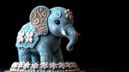  A blue elephant figurine sits atop a wooden stand, adorned with flowers on its tusks - obrazy, fototapety, plakaty