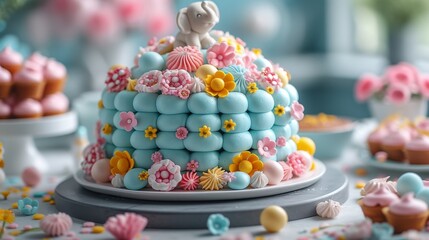  A beautiful cake artfully crafted from fondant, adorned with flowers and seashells