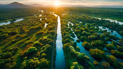Aerial view of river at sunset
