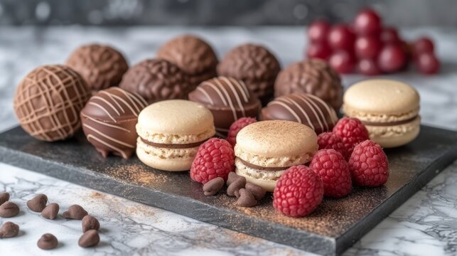  A platter topped with chocolate-covered macaroons and raspberries alongside macaroni and cheese balls
