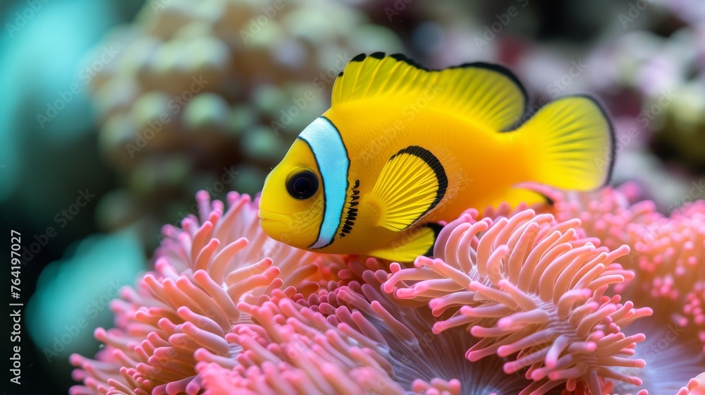 Wall mural  A yellow and blue fish sit atop a pink sea anemone in the sea