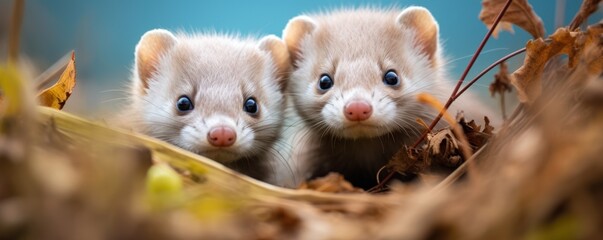 two playful ferrets peeking through autumn leaves, ideal for wildlife education materials or pet lifestyle blogs.