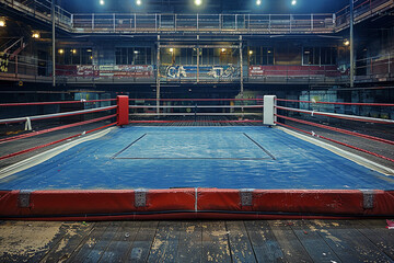 Fototapeta na wymiar Empty boxing ring from top of tribune. Professional boxing arena for fight competition. Generative AI