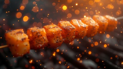  A macro image of a skewered food item with oil droplets visible