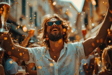 An ecstatic man with hair flowing and arms raised in joy surrounded by confetti at a lively outdoor...