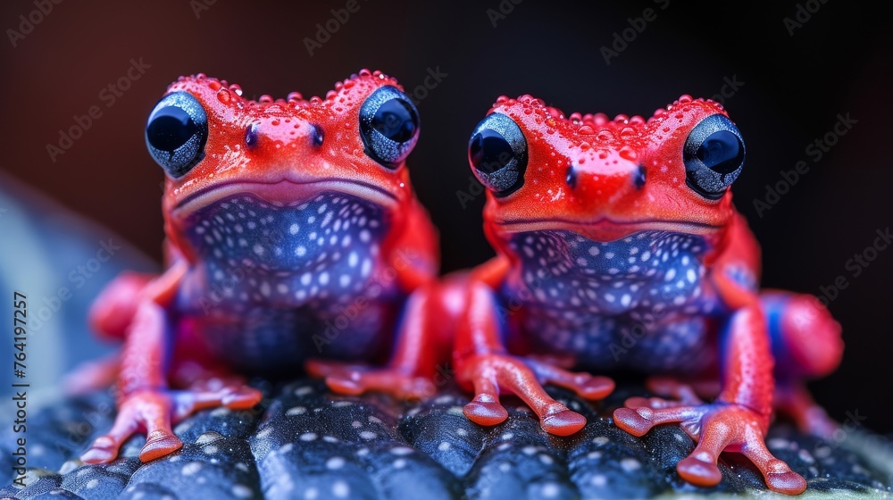 Wall mural a pair of red frogs perched atop a black-and-white surface, surrounded by water droplets - Wall murals