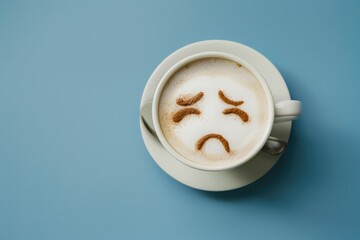 Cup of cappuccino with a sad face design in cinnamon, conveying a creative yet melancholic mood on a blue background - AI generated