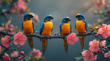  A flock of avian creatures perched atop a tree limb adjacent to a cluster of fuchsia blossoms on a bough