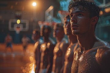 Tension and teamwork permeate a basketball team's huddle during a timeout in an indoor court