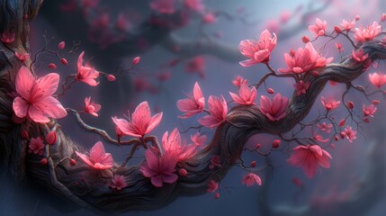  A tree with pink flowers adorning its branches, painted beautifully in the middle