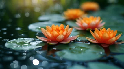 Foto op Canvas  A cluster of water lilies bobbing atop a verdant, water-specked pond © Jevjenijs