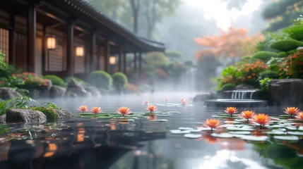 Foto op Canvas  A pond with water lilies in front of a building with a pond of water lilies in it © Jevjenijs