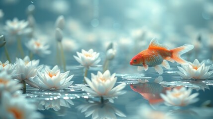  A golden fish swimming in a crystal-clear water pond surrounded by beautiful white blooms and vibrant water lilies against a clear blue sky backdrop