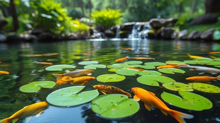 Foto op Canvas  A pond filled with many water lilies and goldfish swimming above emerald lily pads © Jevjenijs