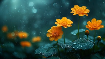 Fototapeta na wymiar Yellow flower group on green, rain-soaked field