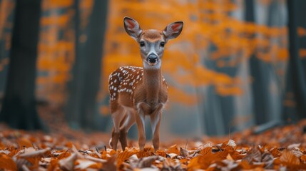  A small deer in a forest with orange-leafed trees surrounding it, standing on green leaves