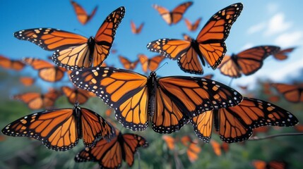  A group of orange butterflies soaring amidst trees against a blue sky