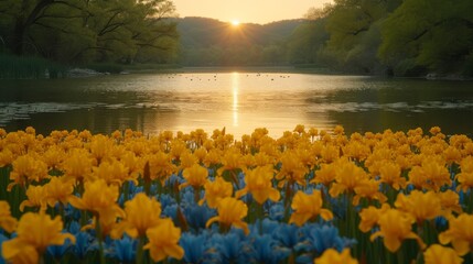  A picturesque scene of vibrant yellow and blue flowers, a serene body of water, towering trees, and a stunning sunset - obrazy, fototapety, plakaty
