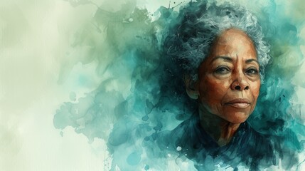  A portrait of a female subject with blue and green paint splatters adorning one side of her face - obrazy, fototapety, plakaty