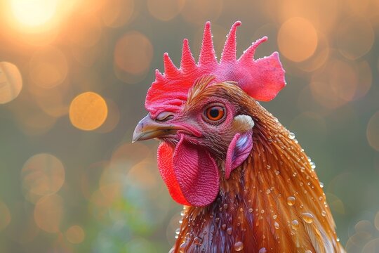 Majestic rooster with vibrant plumage and water droplets on its feathers shot with a mesmerizing bokeh background