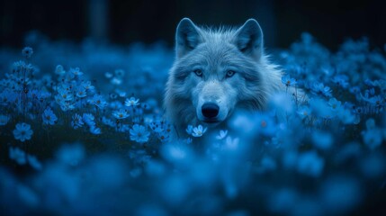  A lone wolf amidst a blooming field glows blue-eyed in the twilight