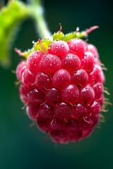 Red Raspberry with Water Drops on Green Stem
