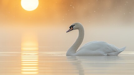  A white swan floats on water beneath a yellow-black sunset sky